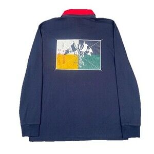 Nautica Mens Long Sleeve Rugby Polo Shirt L Classic Fit Blue Preppy Academia